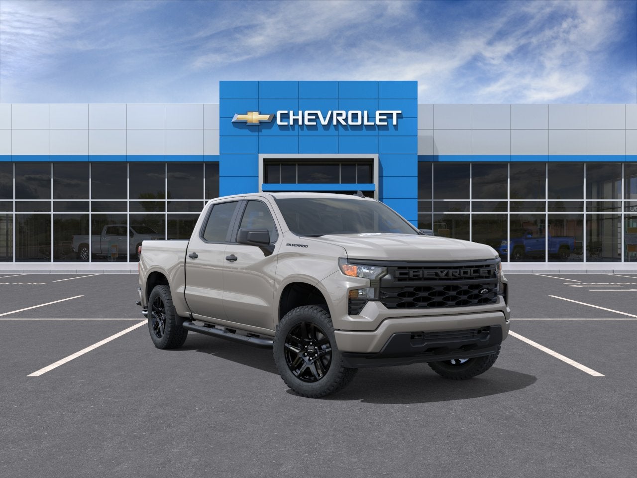 2026 Chevrolet Silverado 1500 Custom in White Sands — front three-quarter view